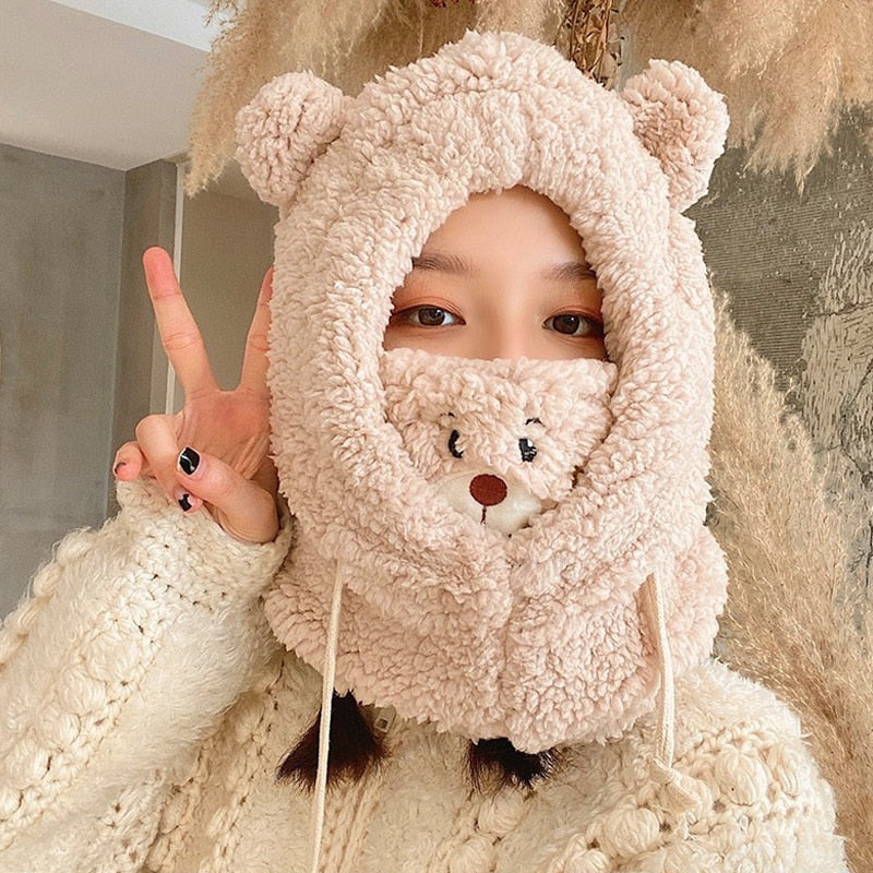 Cartoon Bear Ear Lamb Beanie Hat With Mask Warm Balaclava Winter Thickened Ear Protection Autumn Skullies Beanies for Girl - Amazhona 