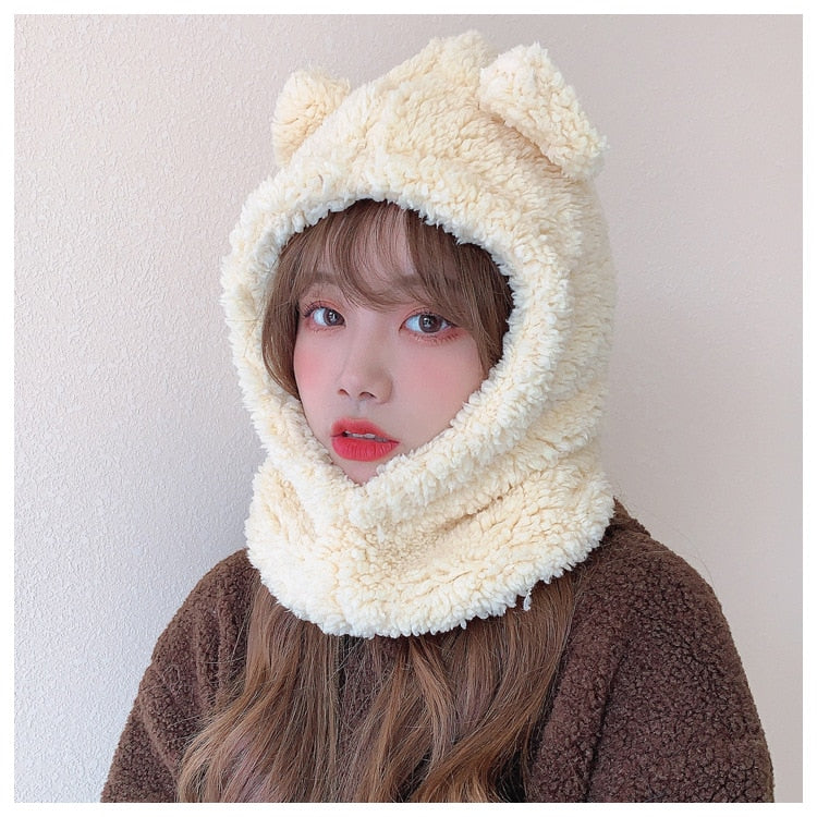 Cartoon Bear Ear Lamb Beanie Hat With Mask Warm Balaclava Winter Thickened Ear Protection Autumn Skullies Beanies for Women Girl - Amazhona 