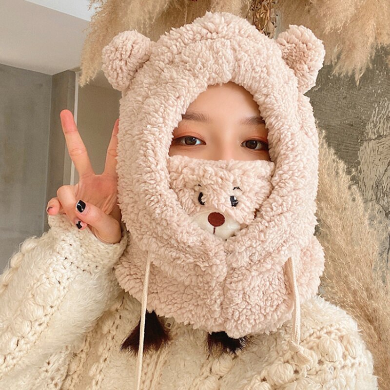 Cartoon Bear Ear Lamb Beanie Hat With Mask Warm Balaclava Winter Thickened Ear Protection Autumn Skullies Beanies for Women Girl - Amazhona 