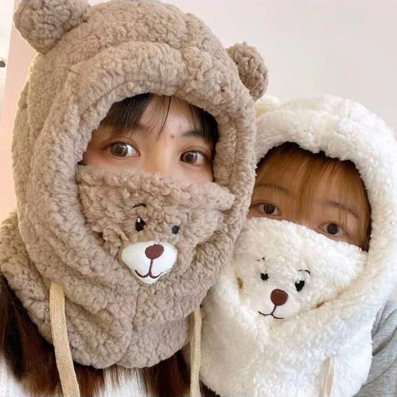 Cartoon Bear Ear Lamb Beanie Hat With Mask Warm Balaclava Winter Thickened Ear Protection Autumn Skullies Beanies for Women Girl - Amazhona 