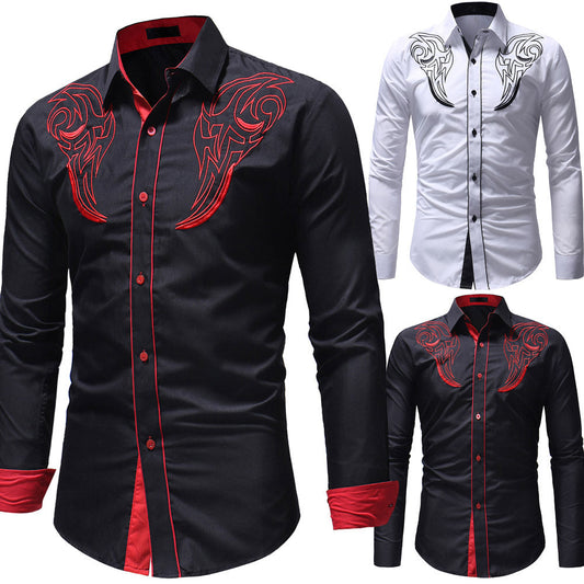 Casual Embroidery Printed Long Lapel Men Shirt - Amazhona 