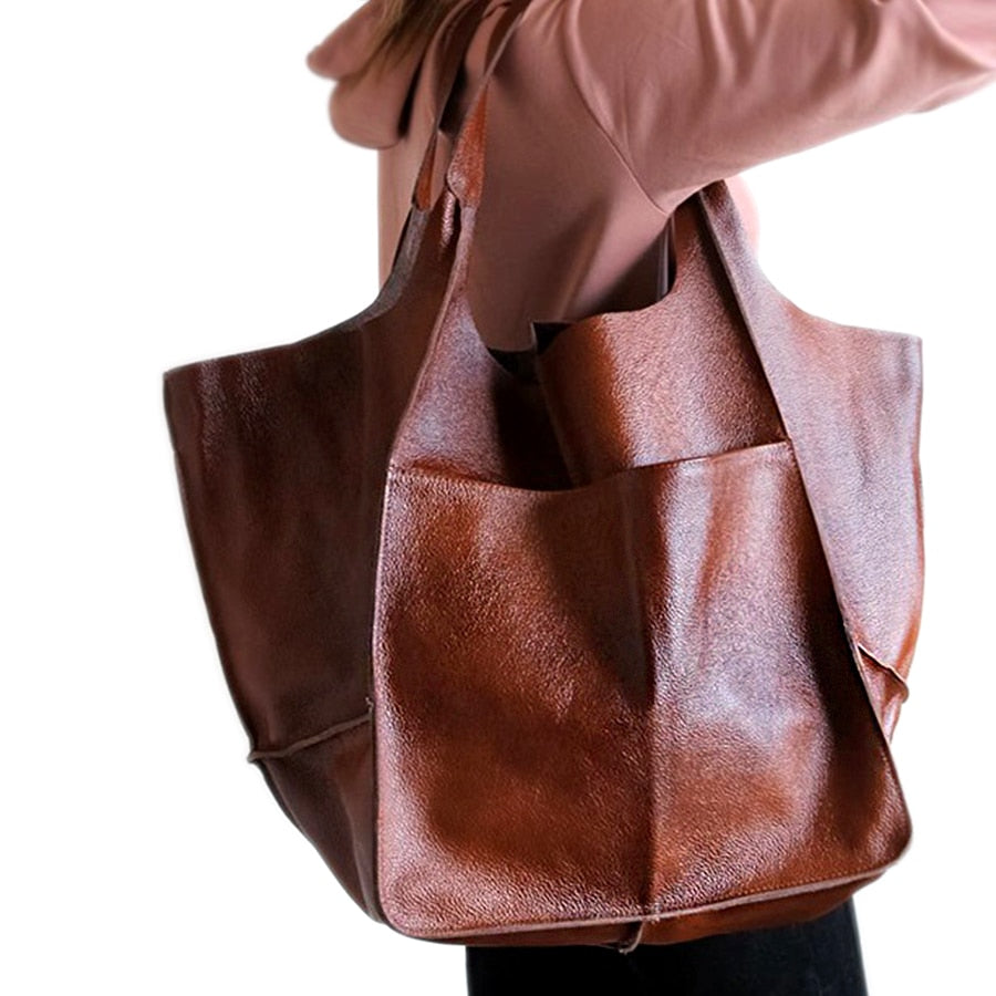 Casual Soft Large Capacity Tote Women Handbags Designer Aged Metal Look Luxury Pu Leather Shoulder Bag Retro Big Shopper Purses - Amazhona 