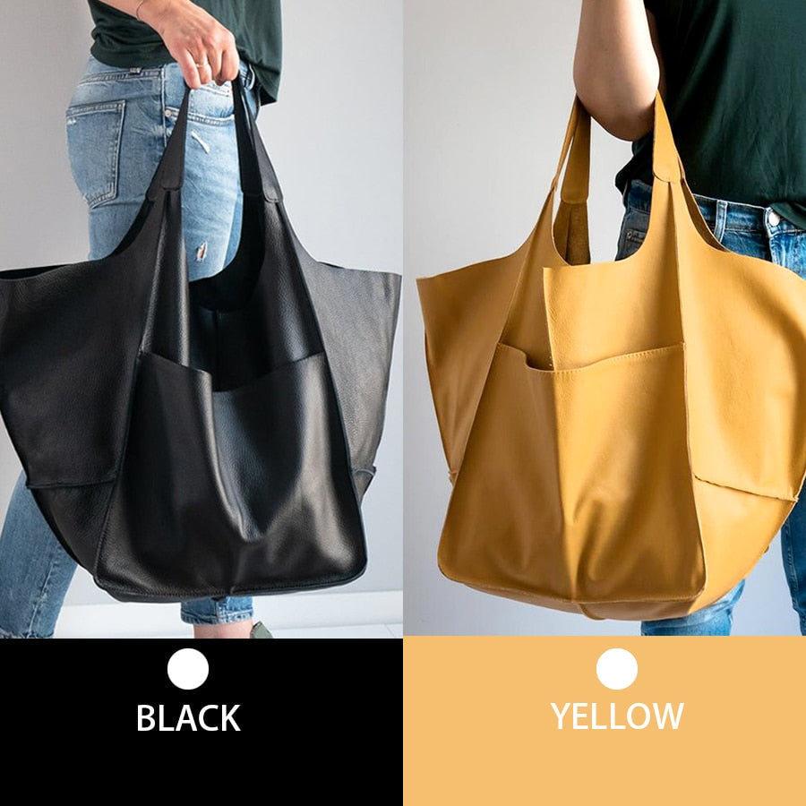 Casual Soft Large Capacity Tote Women Handbags Designer Aged Metal Look Luxury Pu Leather Shoulder Bag Retro Big Shopper Purses - Amazhona 