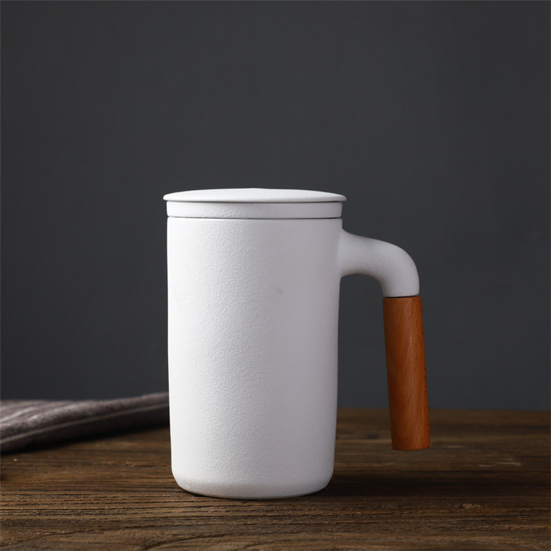 Ceramic Large Capacity Mug Custom Japanese Stoneware Office Cup Wooden Handle Gift Cup With Lid Tea Separation - Amazhona 