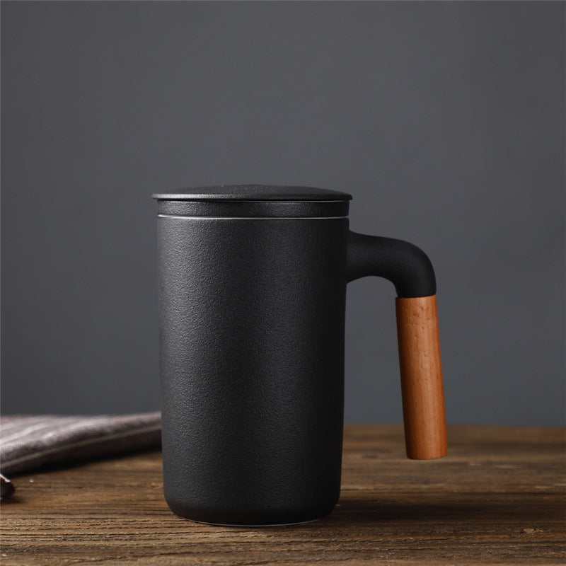 Ceramic Large Capacity Mug Custom Japanese Stoneware Office Cup Wooden Handle Gift Cup With Lid Tea Separation - Amazhona 