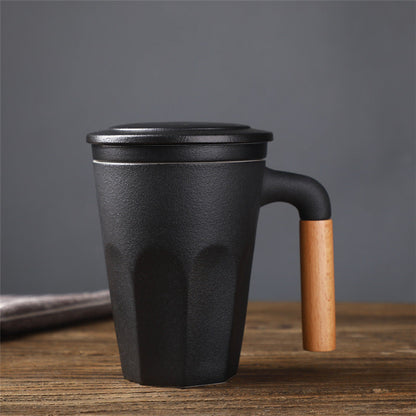 Ceramic Large Capacity Mug Custom Japanese Stoneware Office Cup Wooden Handle Gift Cup With Lid Tea Separation - Amazhona 