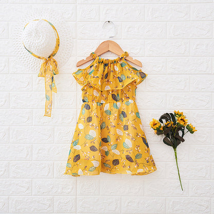 Children'S Dress Girls' Korean Summer New 2021 Children'S Wear Lotus Leaf Neck Sling Bohemia Skirt - Amazhona 