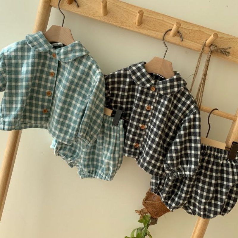 Children's Clothes Baby Romper Western Style Plaid Long-sleeved Suit - Amazhona 