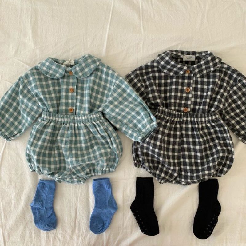 Children's Clothes Baby Romper Western Style Plaid Long-sleeved Suit - Amazhona 