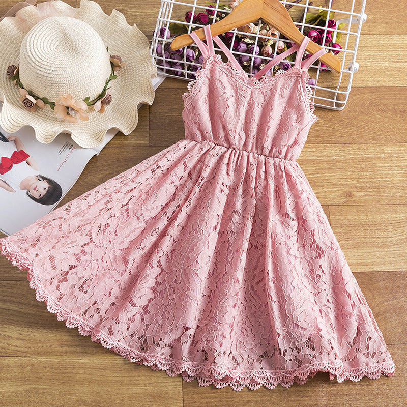 Children's Embroidered Skirt Lace Dress With Suspenders And Beautiful Back - Amazhona 