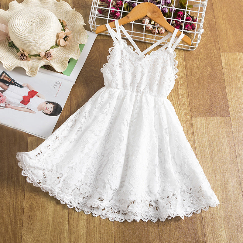 Children's Embroidered Skirt Lace Dress With Suspenders And Beautiful Back - Amazhona 