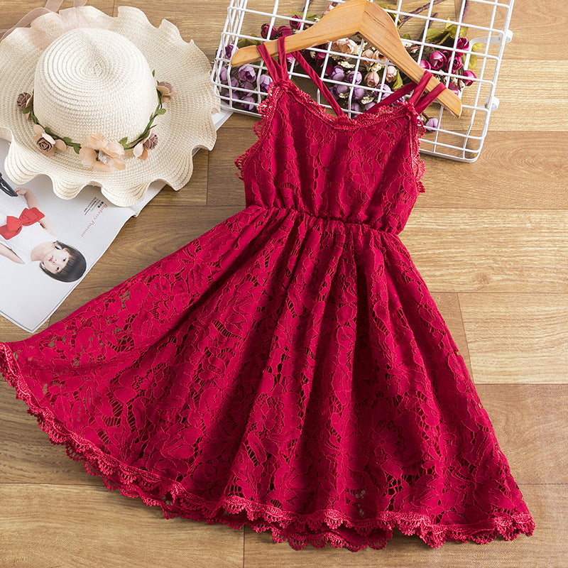 Children's Embroidered Skirt Lace Dress With Suspenders And Beautiful Back - Amazhona 