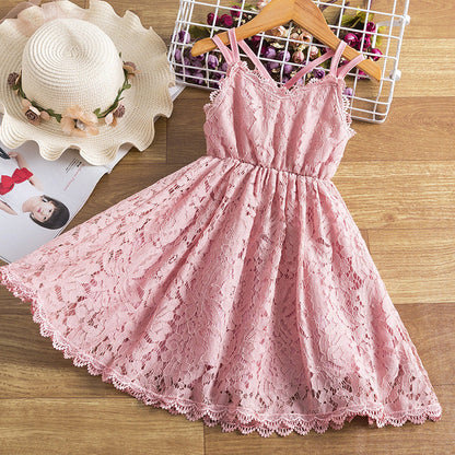 Children's Embroidered Skirt Lace Dress With Suspenders And Beautiful Back - Amazhona 