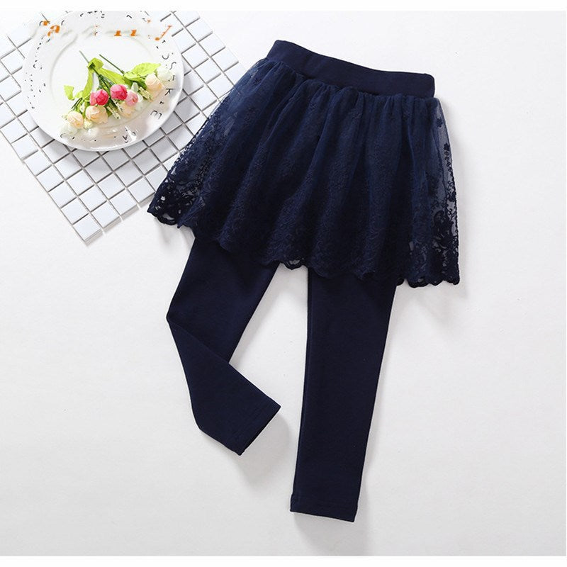 Children's Fake 2 Girls Leggings Cotton Lace Skirt Pants - Amazhona 