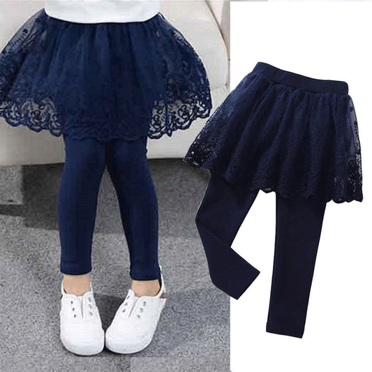 Children's Fake 2 Girls Leggings Cotton Lace Skirt Pants - Amazhona 