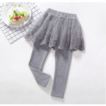 Children's Fake 2 Girls Leggings Cotton Lace Skirt Pants - Amazhona 