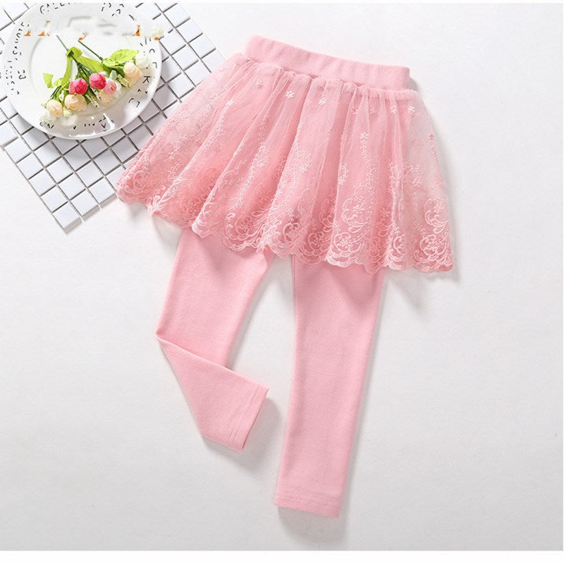 Children's Fake 2 Girls Leggings Cotton Lace Skirt Pants - Amazhona 