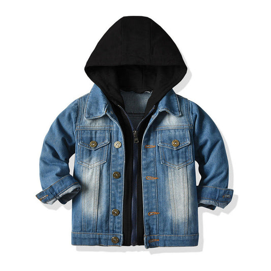 Children's Fake Two-piece Denim Jacket, Children's Hooded Fashion Casual Top - Amazhona 