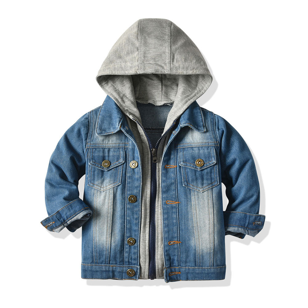 Children's Fake Two-piece Denim Jacket, Children's Hooded Fashion Casual Top - Amazhona 