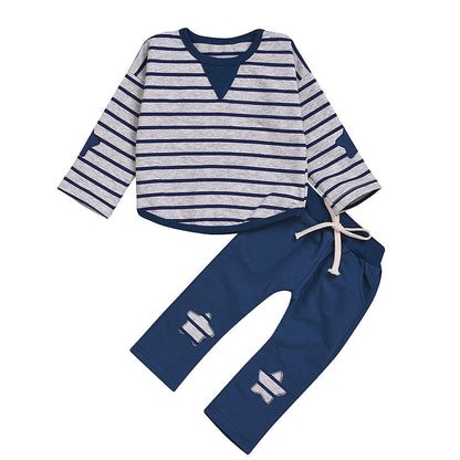 Children's Striped Suit Five-star Embroidery Trend Baby Cotton Suit - Amazhona 