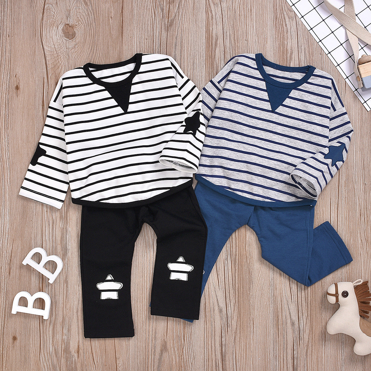 Children's Striped Suit Five-star Embroidery Trend Baby Cotton Suit - Amazhona 