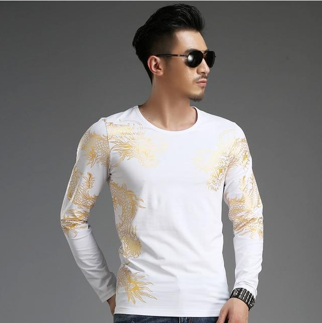 Chinese style  tide male Long sleeve t-shirt round neck Slim 3D dragon shirt Lycra cotton - Amazhona 