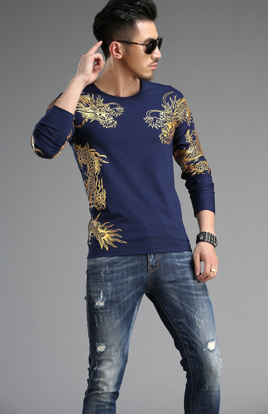 Chinese style  tide male Long sleeve t-shirt round neck Slim 3D dragon shirt Lycra cotton - Amazhona 