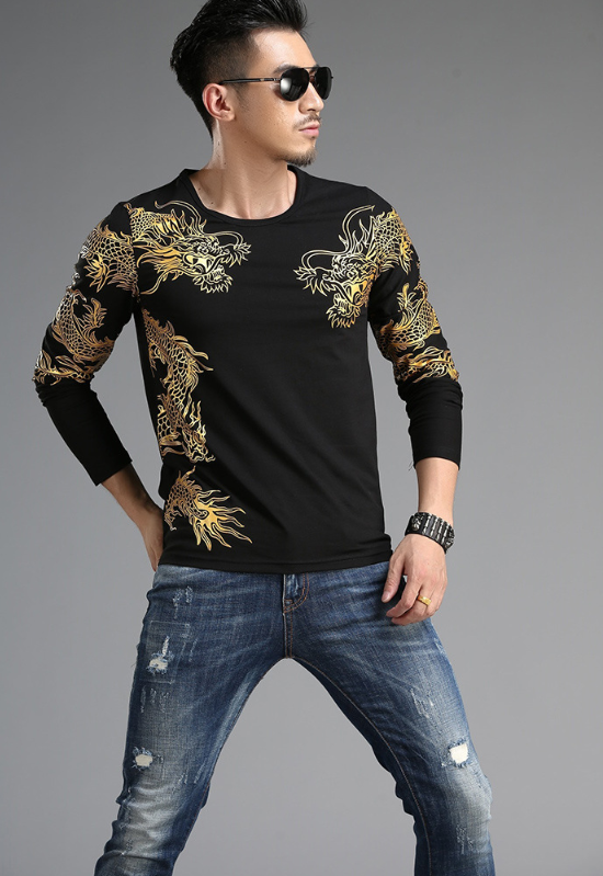 Chinese style  tide male Long sleeve t-shirt round neck Slim 3D dragon shirt Lycra cotton - Amazhona 