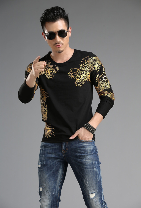 Chinese style  tide male Long sleeve t-shirt round neck Slim 3D dragon shirt Lycra cotton - Amazhona 