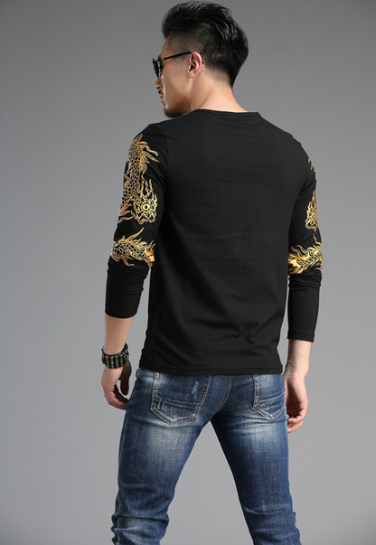 Chinese style  tide male Long sleeve t-shirt round neck Slim 3D dragon shirt Lycra cotton - Amazhona 