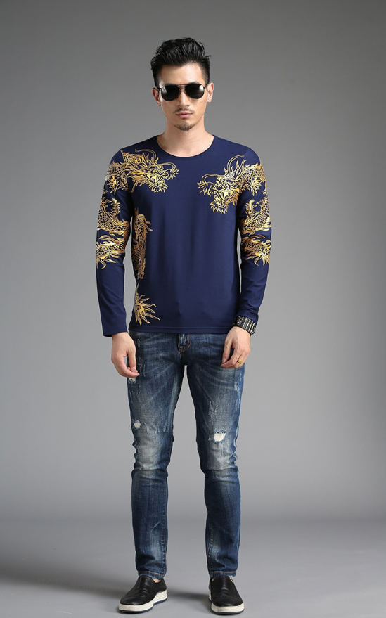 Chinese style  tide male Long sleeve t-shirt round neck Slim 3D dragon shirt Lycra cotton - Amazhona 