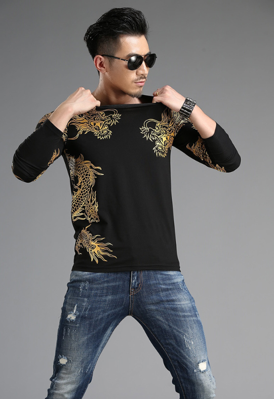 Chinese style  tide male Long sleeve t-shirt round neck Slim 3D dragon shirt Lycra cotton - Amazhona 