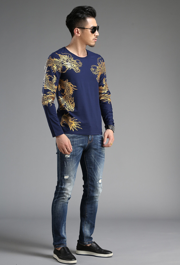 Chinese style  tide male Long sleeve t-shirt round neck Slim 3D dragon shirt Lycra cotton - Amazhona 