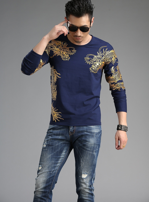 Chinese style  tide male Long sleeve t-shirt round neck Slim 3D dragon shirt Lycra cotton - Amazhona 