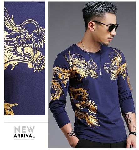 Chinese style  tide male Long sleeve t-shirt round neck Slim 3D dragon shirt Lycra cotton - Amazhona 