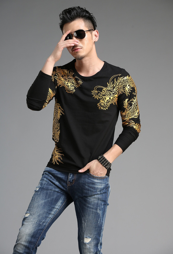 Chinese style  tide male Long sleeve t-shirt round neck Slim 3D dragon shirt Lycra cotton - Amazhona 