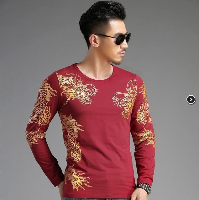 Chinese style  tide male Long sleeve t-shirt round neck Slim 3D dragon shirt Lycra cotton - Amazhona 