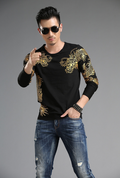 Chinese style  tide male Long sleeve t-shirt round neck Slim 3D dragon shirt Lycra cotton - Amazhona 