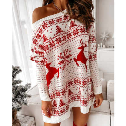 Christmas Dress For Women Sweater Winter Autumn Red New Years Clothing Long Sleeve Pullover Loose Evening Mini Party Dresses - Amazhona 