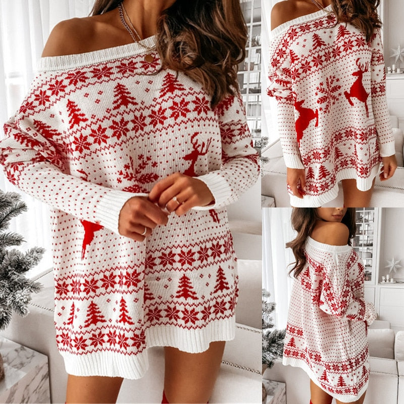 Christmas Dress For Women Sweater Winter Autumn Red New Years Clothing Long Sleeve Pullover Loose Evening Mini Party Dresses - Amazhona 