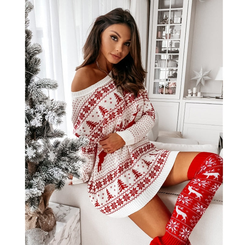 Christmas Dress For Women Sweater Winter Autumn Red New Years Clothing Long Sleeve Pullover Loose Evening Mini Party Dresses - Amazhona 