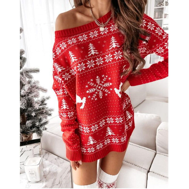 Christmas Dress For Women Sweater Winter Autumn Red New Years Clothing Long Sleeve Pullover Loose Evening Mini Party Dresses - Amazhona 