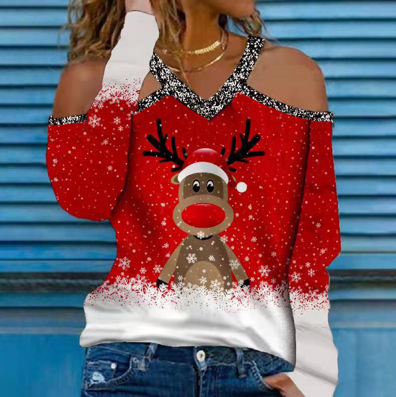 Christmas Elements V Neck Long Sleeved T Shirt Women's Bottoming Shirt - Amazhona 