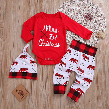 Christmas Long-sleeved Letter One-piece Romper Romper Three-piece Suit - Amazhona 