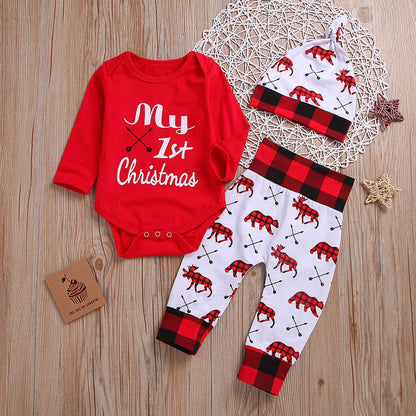 Christmas Long-sleeved Letter One-piece Romper Romper Three-piece Suit - Amazhona 