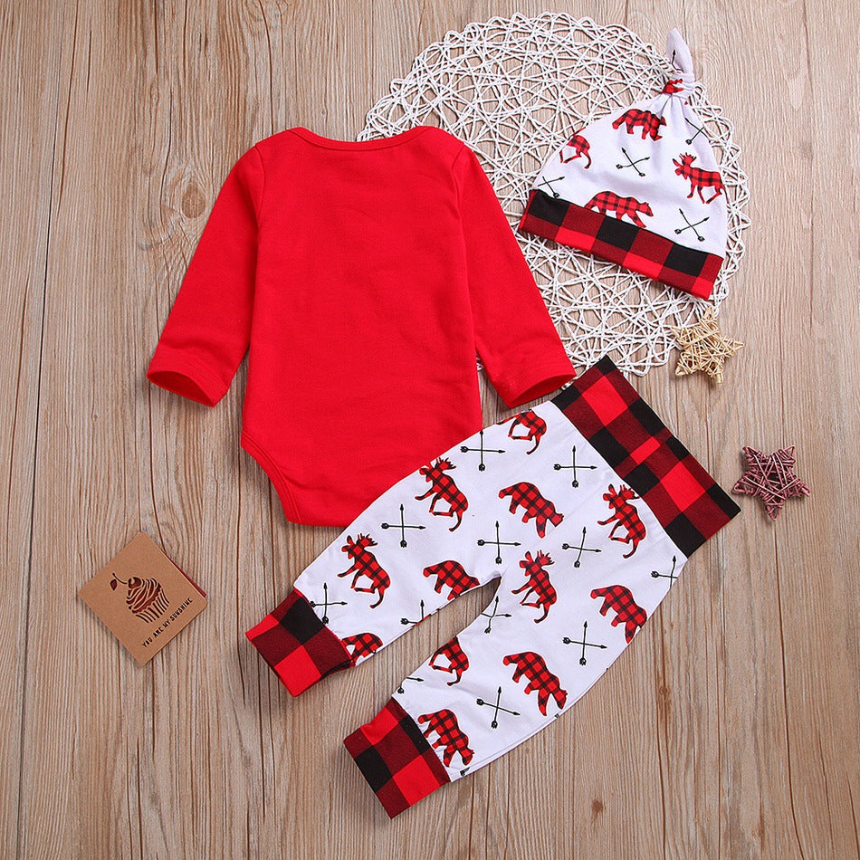 Christmas Long-sleeved Letter One-piece Romper Romper Three-piece Suit - Amazhona 