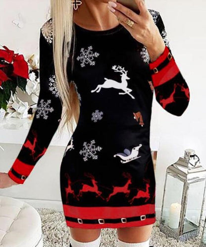 Christmas Women's Dresses 2022 Autumn Long Sleeve Fashion Snowflake Elk Print Casual O-Neck Daily Skinny Mini Dress - Amazhona 