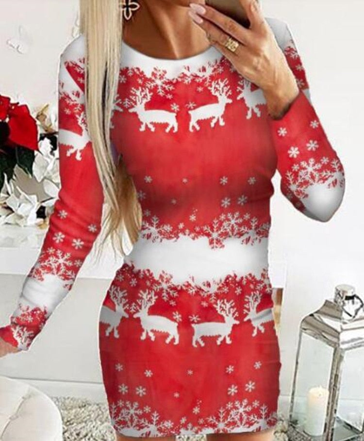 Christmas Women's Dresses 2022 Autumn Long Sleeve Fashion Snowflake Elk Print Casual O-Neck Daily Skinny Mini Dress - Amazhona 