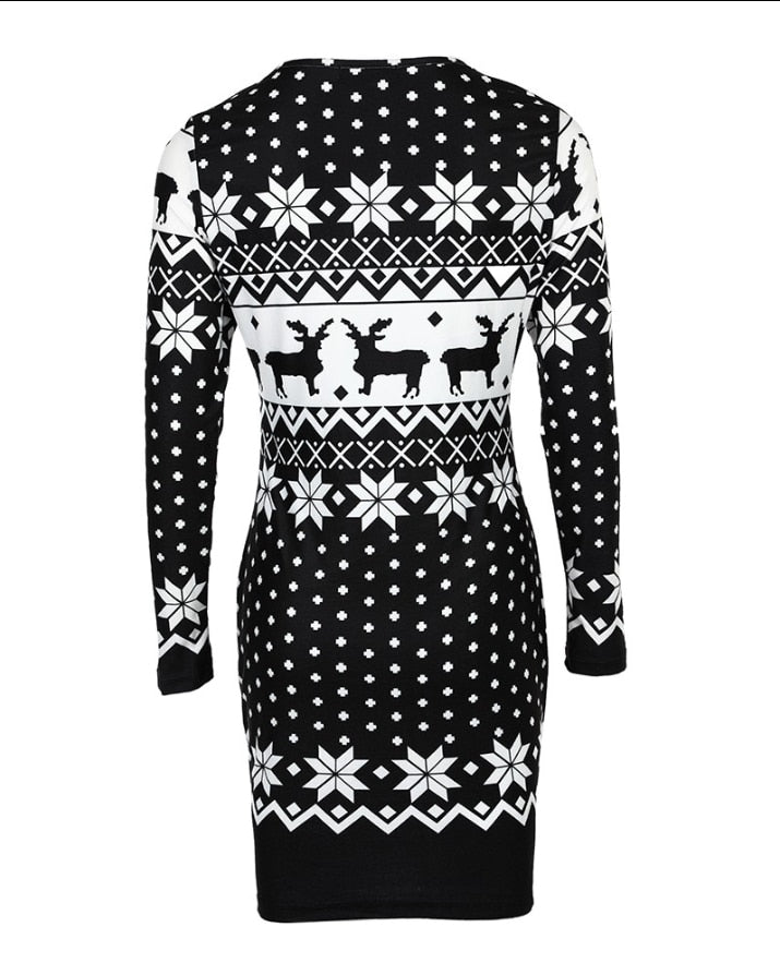 Christmas Women's Dresses 2022 Autumn Long Sleeve Fashion Snowflake Elk Print Casual O-Neck Daily Skinny Mini Dress - Amazhona 