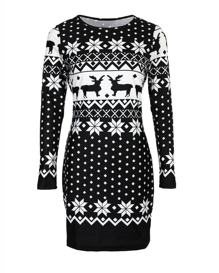 Christmas Women's Dresses 2022 Autumn Long Sleeve Fashion Snowflake Elk Print Casual O-Neck Daily Skinny Mini Dress - Amazhona 